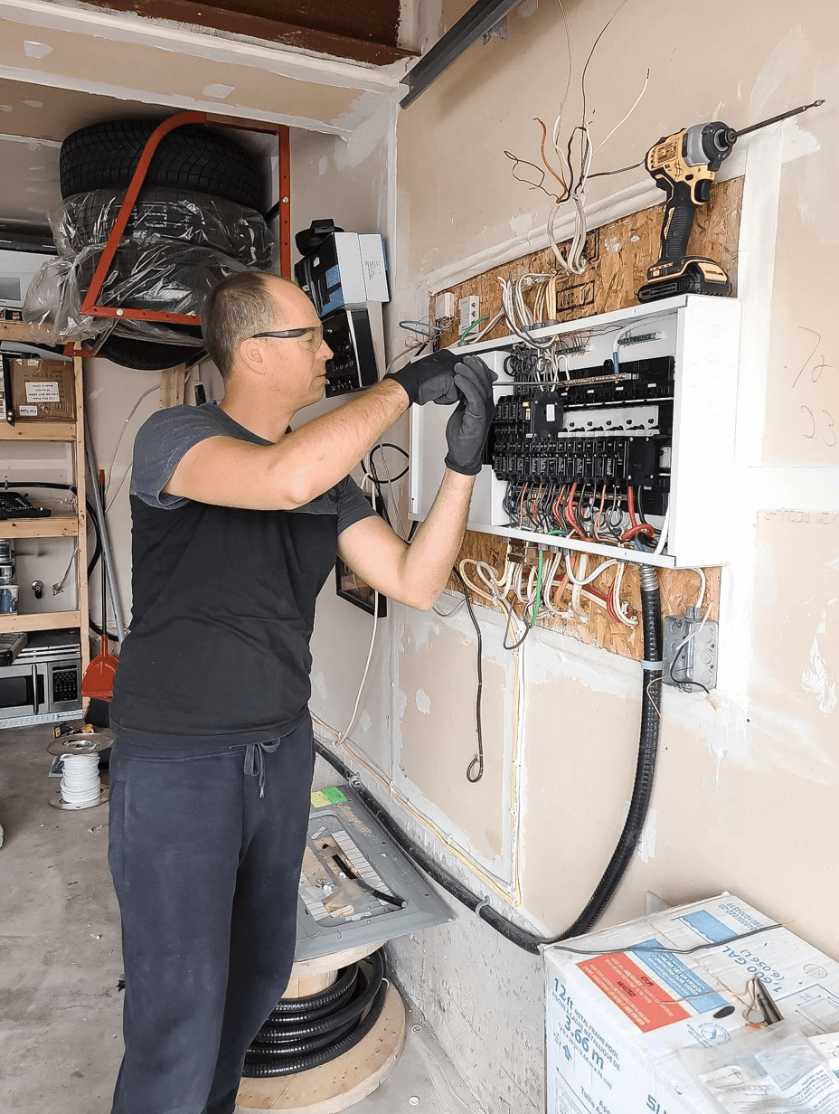 An electrician working on a circuit breaker panel in a garage, with exposed wiring and tools.