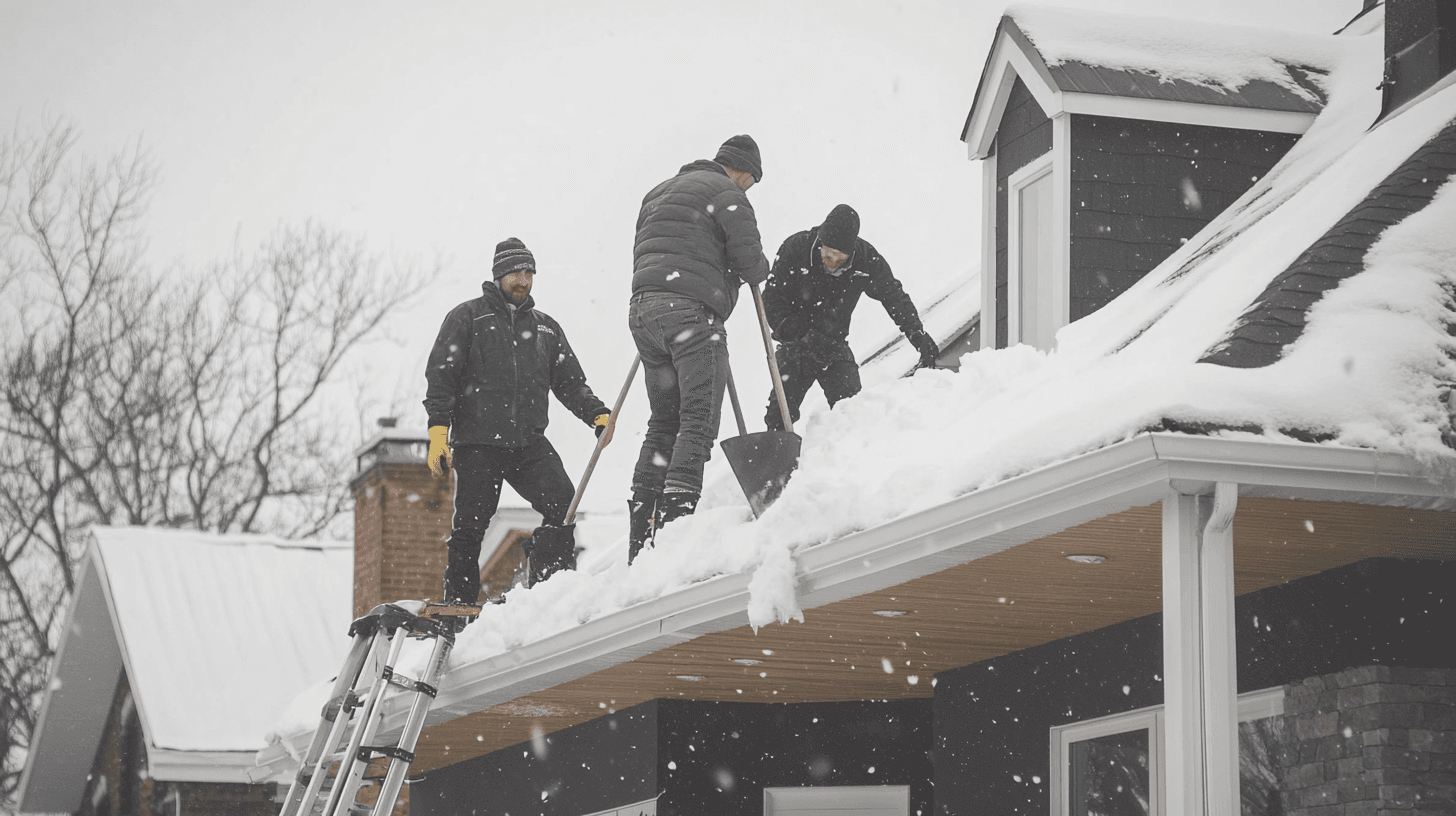 Three men clear snow from a roof with shovels during snowfall.