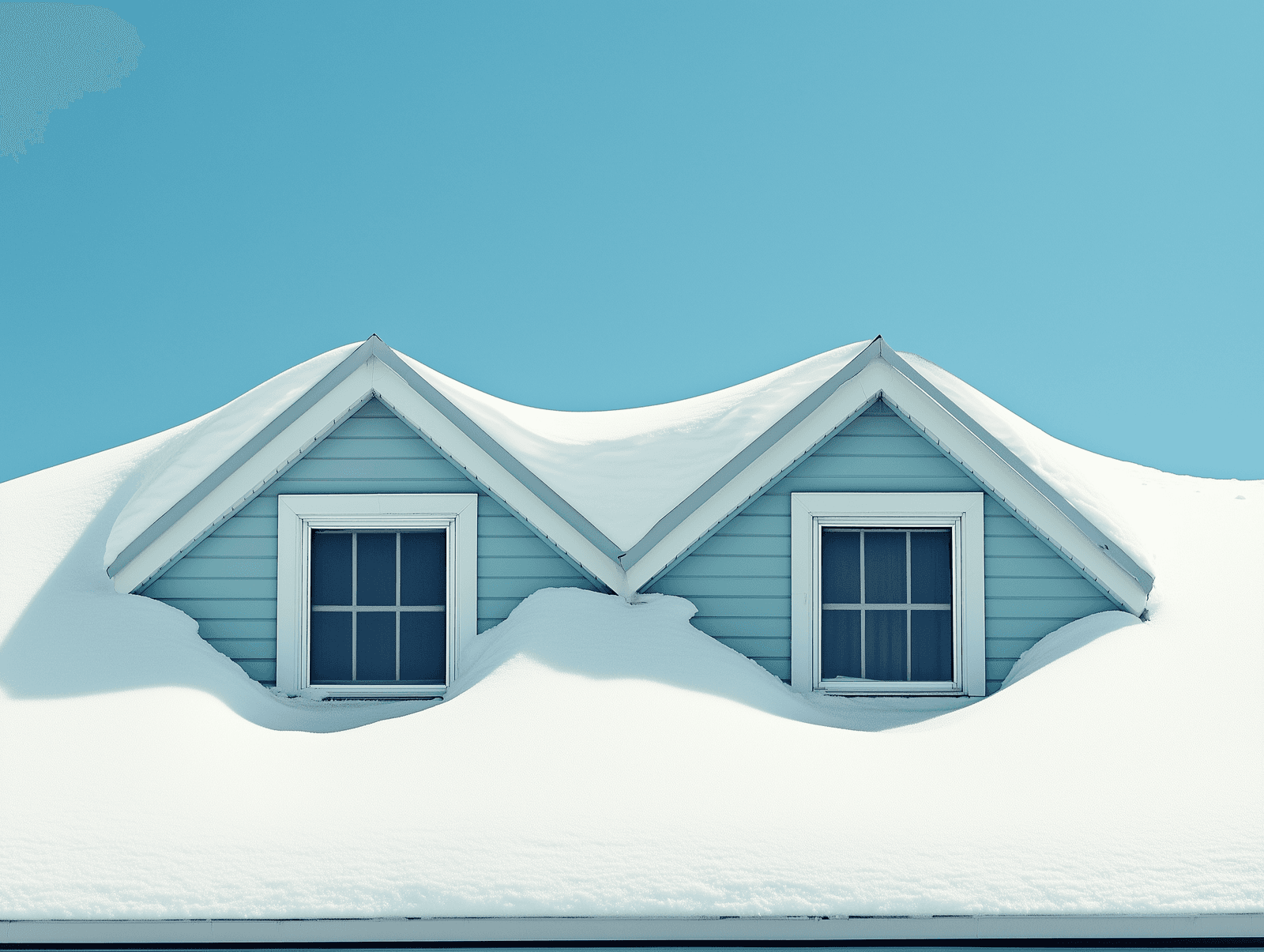  Two dormer windows of a blue house partially buried under a thick layer of snow.