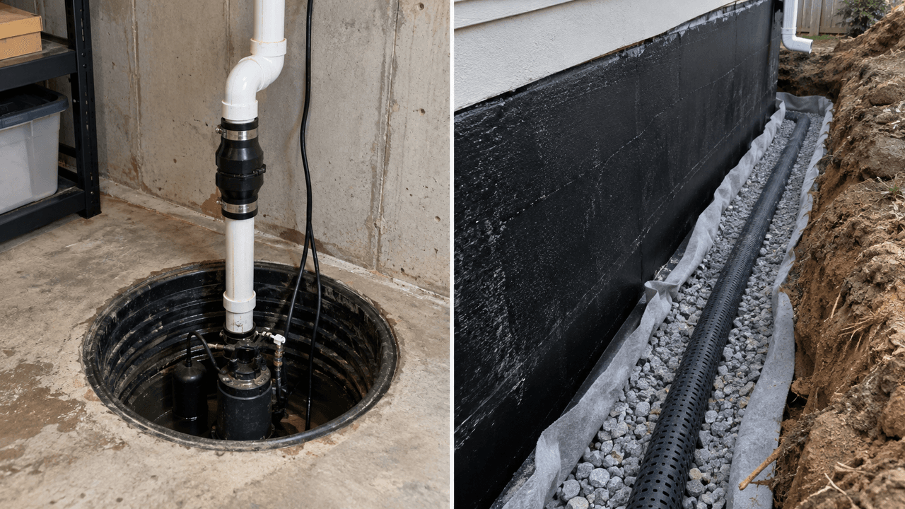 Comparison of a basement sump pump installation and an exterior French drain with waterproofing membrane along the foundation