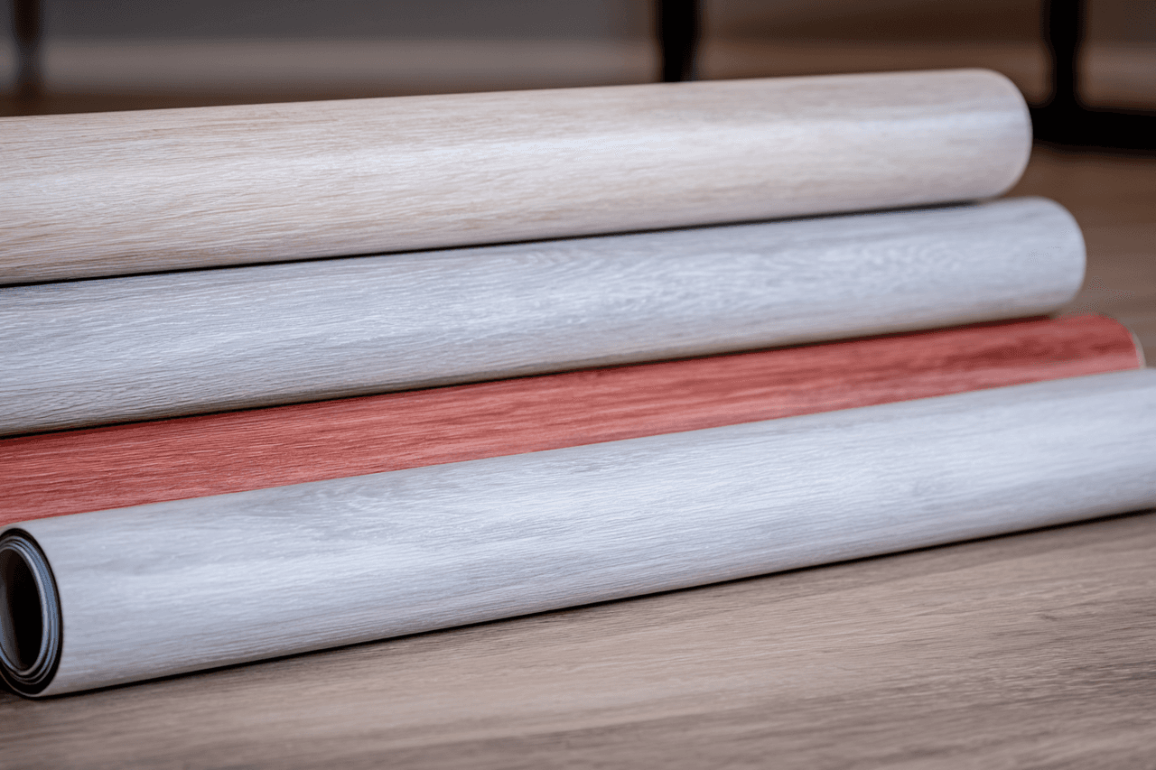 Rolls of sheet vinyl flooring with beige, grey and red wood-look finishes displayed on a wooden surface