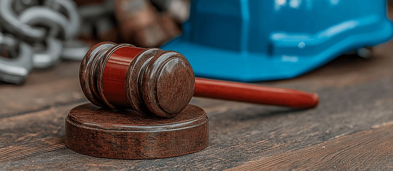 Wooden judge’s gavel resting on a table in front of a blue construction helmet, symbolizing justice in the construction industry.