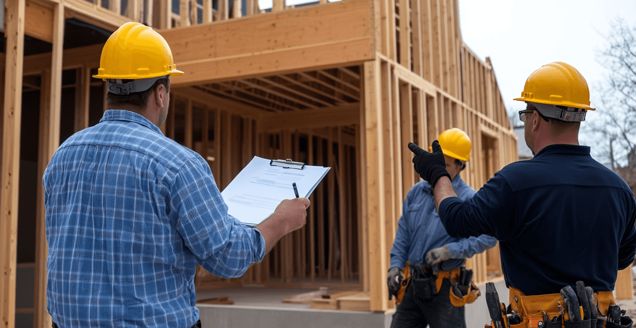 Construction site inspection with three workers in yellow helmets in front of a wooden structure under construction.