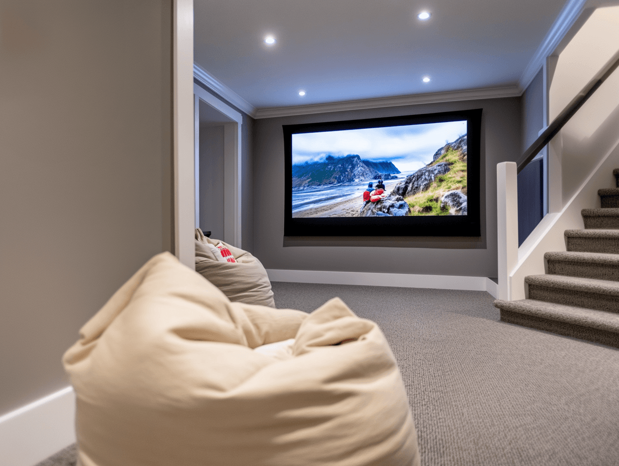 Home theater room with projection screen, beige bean bag chairs, gray wall, soft lighting, and modern gray carpeted stairs.