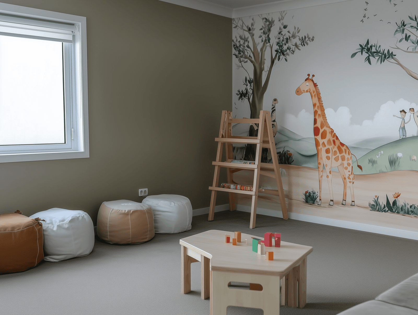 Children's room decorated with a giraffe mural, bean bags, and wooden toys on a table.