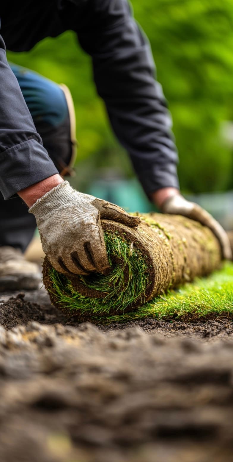Fresh sod rolls being laid by a gardener wearing gloves on a prepared soil surface in a green outdoor area