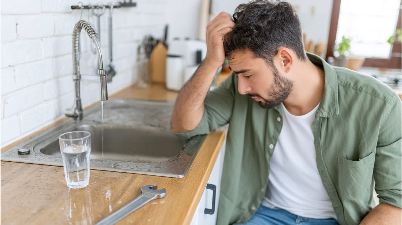 Home plumbing issue with a stressed man in front of a leaking sink in a modern kitchen