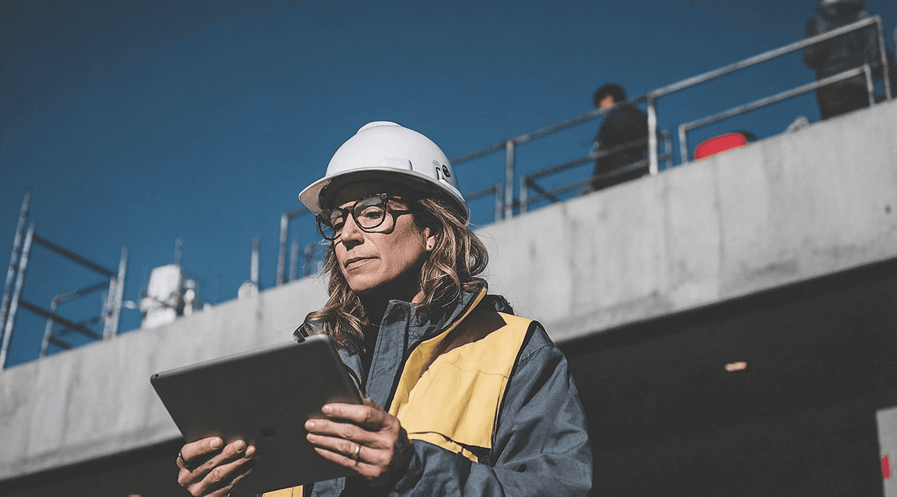 Female engineer on a construction site reviewing a digital tablet while wearing a safety helmet and work vest