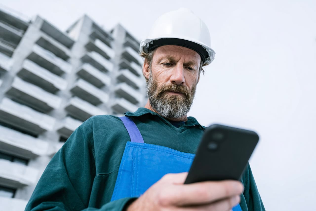 Construction worker with white hard hat checking his phone in front of a building under construction
