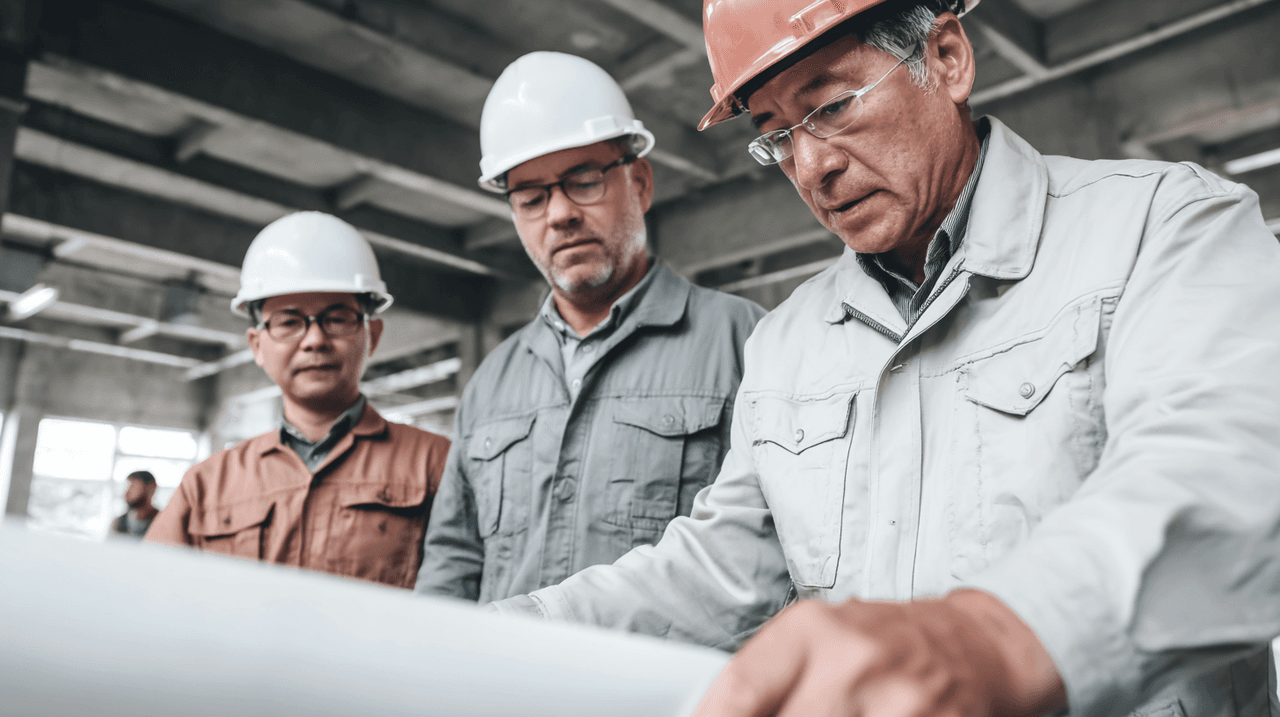 Three men in safety helmets reviewing blueprints inside an industrial-style building under construction