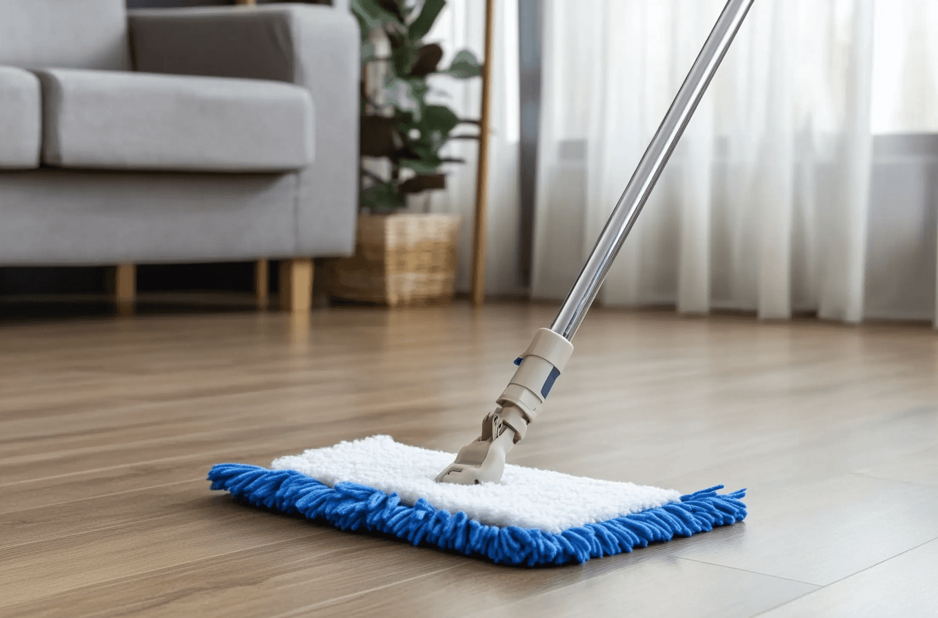 Floor cleaning with a microfiber mop in a modern living room with hardwood flooring and a gray sofa.
