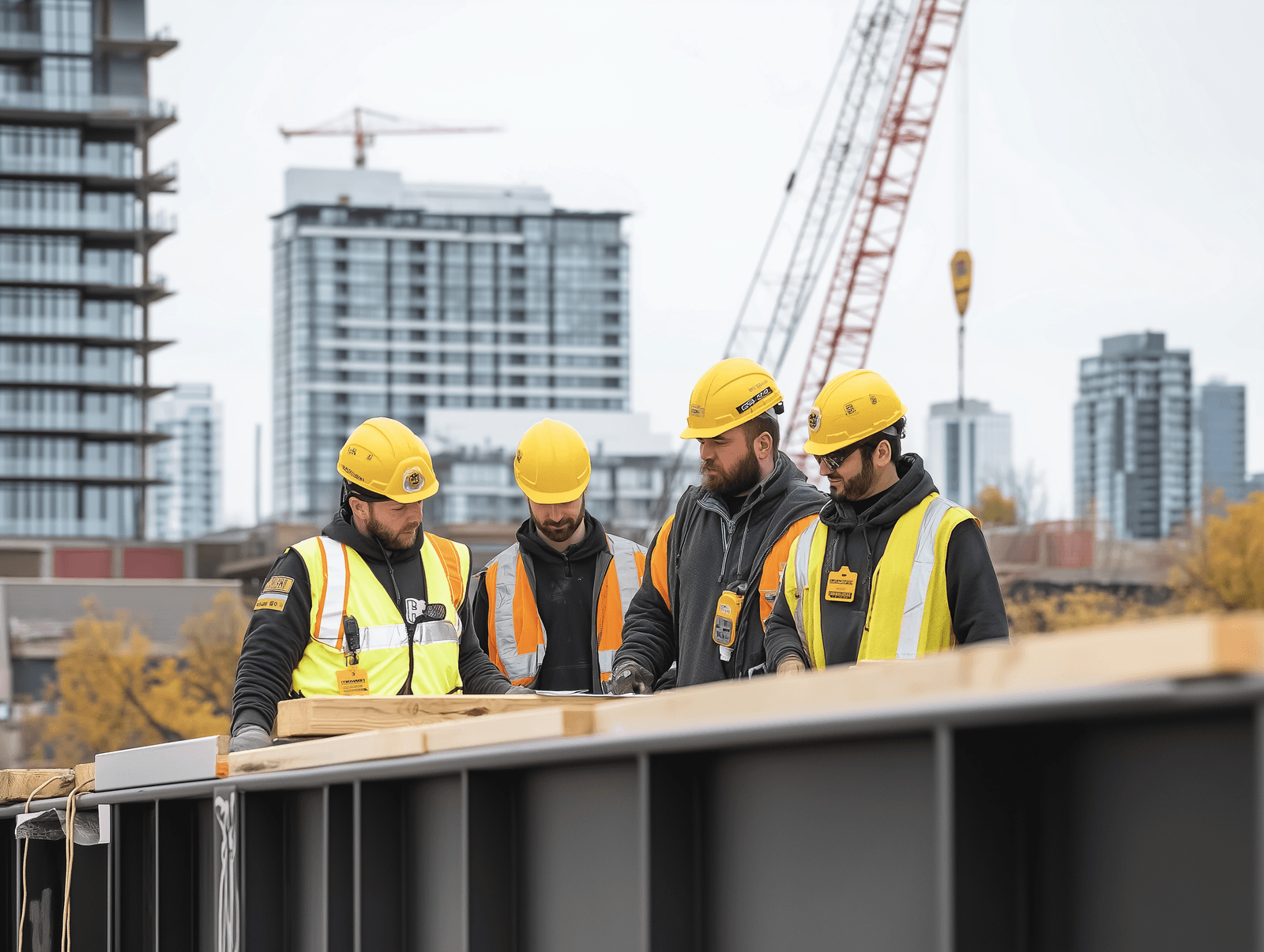 Construction workers wearing yellow safety helmets and high-visibility vests, collaborating on an urban construction site with cranes and high-rise buildings in the background.