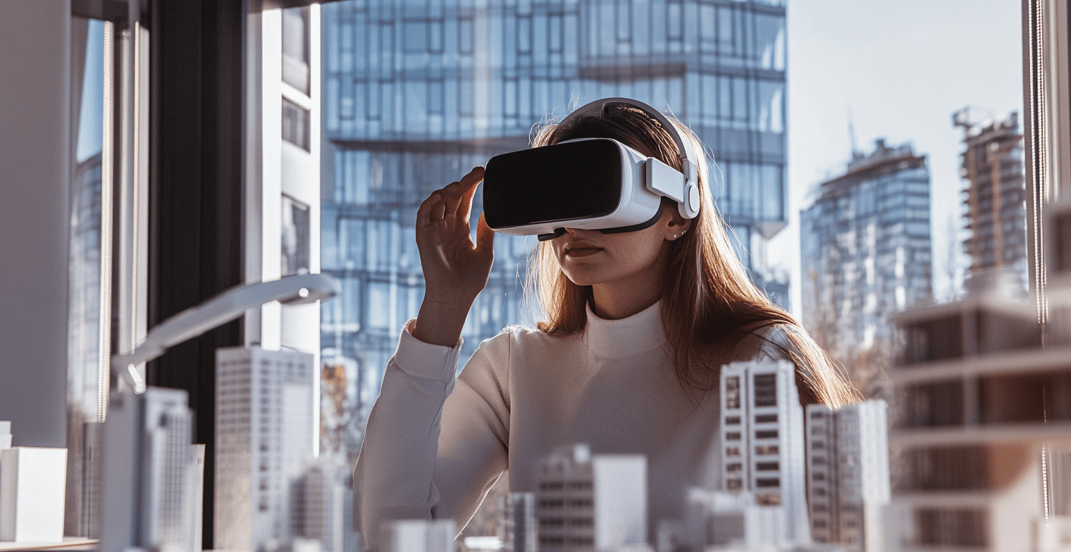 Architect using a virtual reality headset to visualize urban building models.