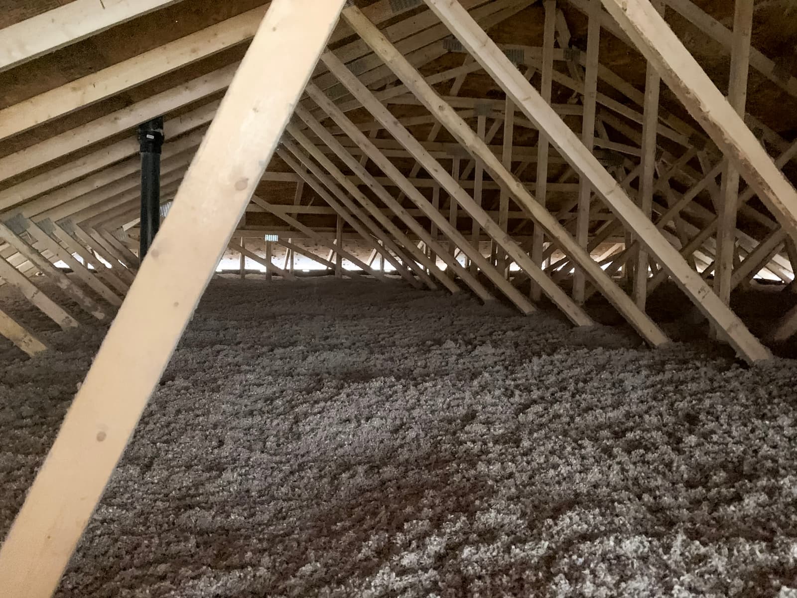  Attic with blown-in fiber insulation and exposed wooden framework.