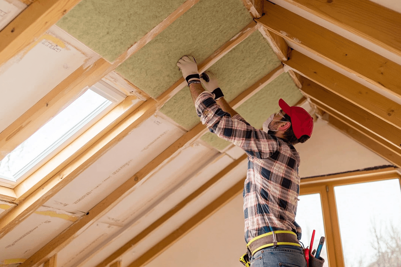 Worker installing insulation under a wooden roof in a renovated attic, wearing gloves and a red cap.