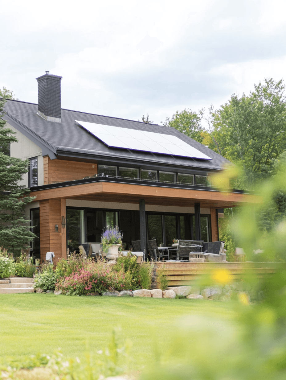 Modern house with solar panels on the roof, large wooden deck, and landscaped flower garden.