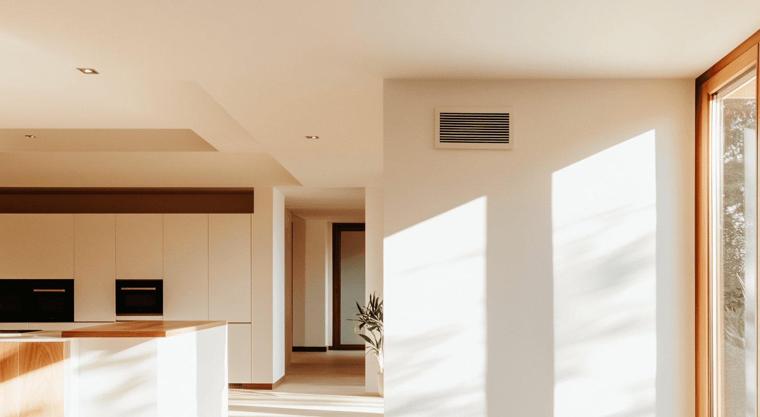 Modern interior with natural light and wall-mounted ducted heat pump ventilation system