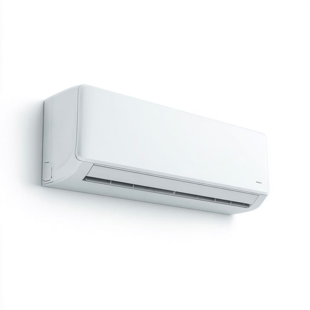 Modern white wall-mounted air conditioner installed on an interior wall, sleek and discreet cooling system for residential or commercial spaces