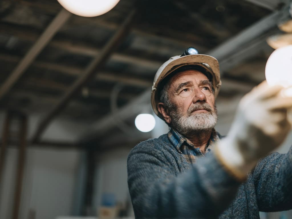 Senior electrician wearing a safety helmet and gloves installing a light bulb in a building under renovation