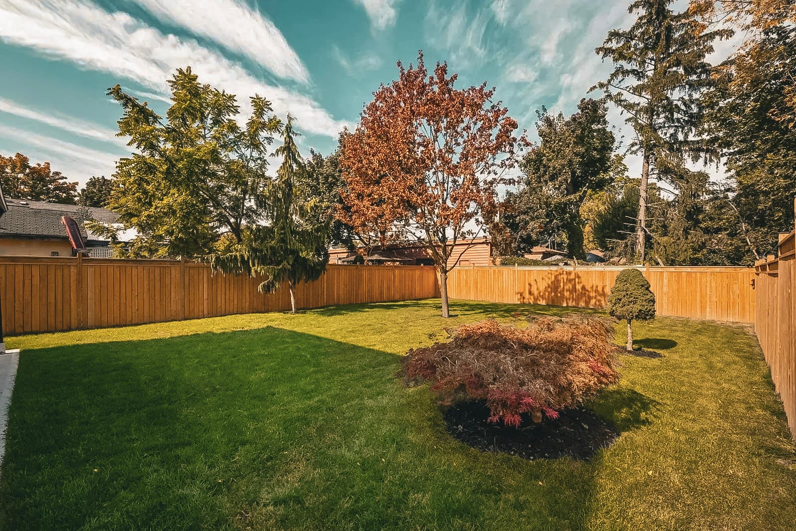 Manicured backyard with green lawn, trees, and wood fencing under a cloudy sky.