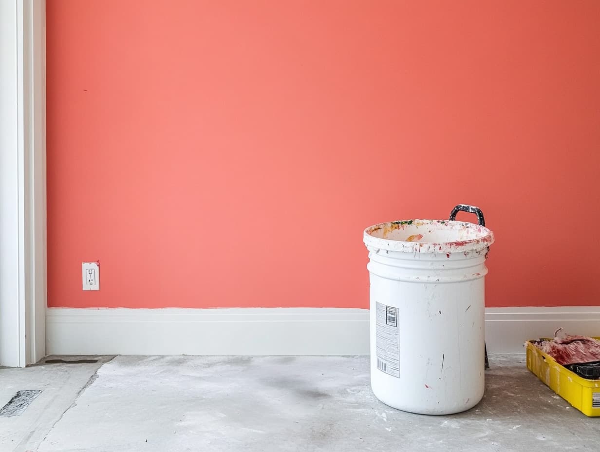 Freshly painted coral wall with a white paint bucket and painting tools on the floor in a room under renovation.
