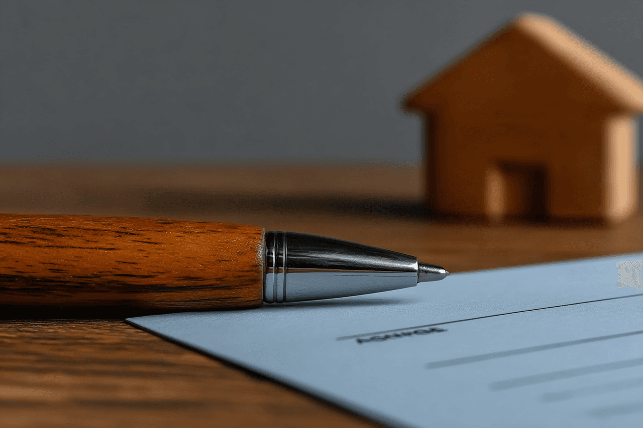 Wooden pen resting on a real estate contract with a blurred miniature house in the background