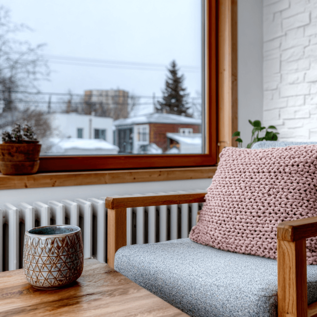 Bright living room with wooden armchair, knitted cushion, large window and radiator beneath the window in a cozy interior
