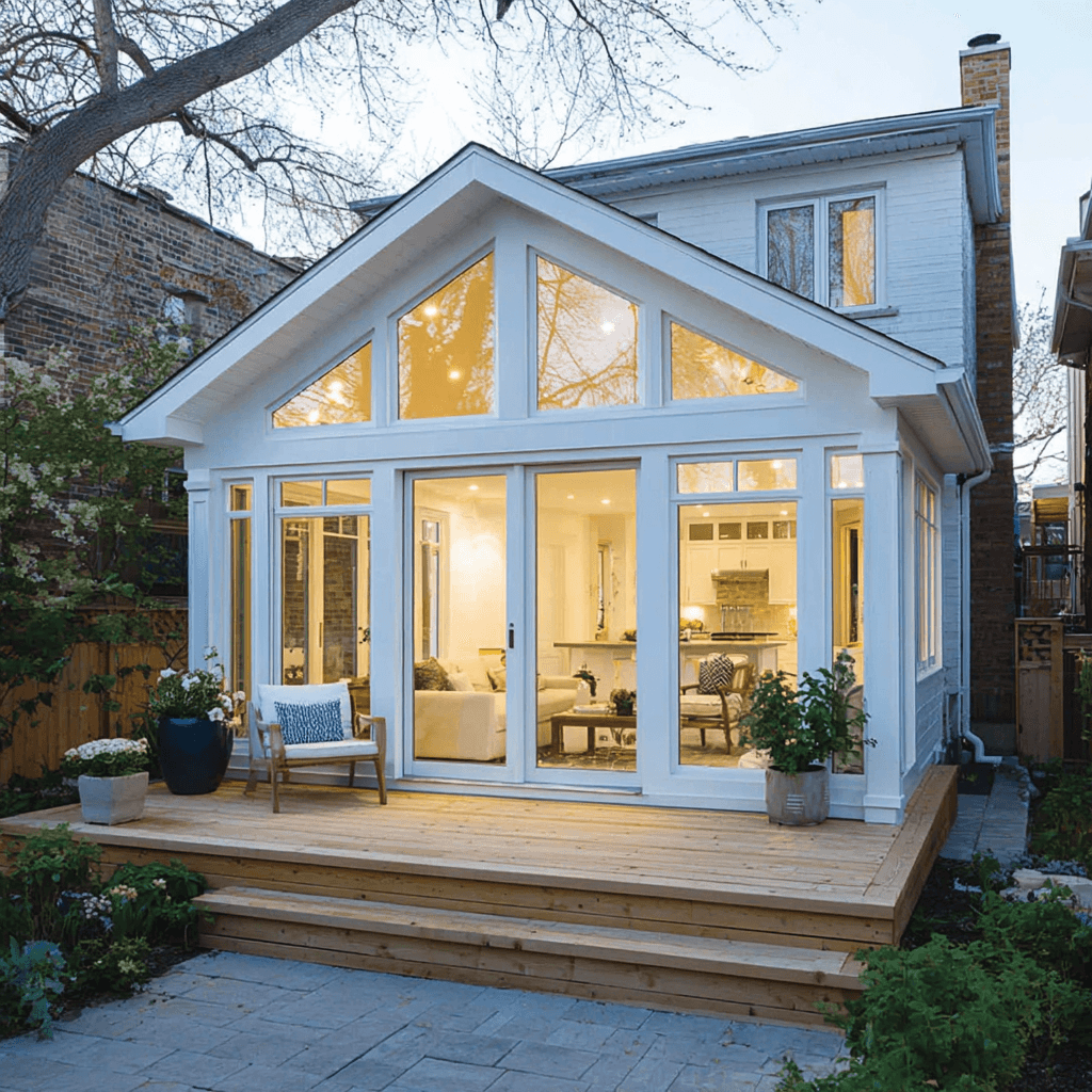 Bright home extension with large glass facade, wooden deck, patio doors and residential landscaping