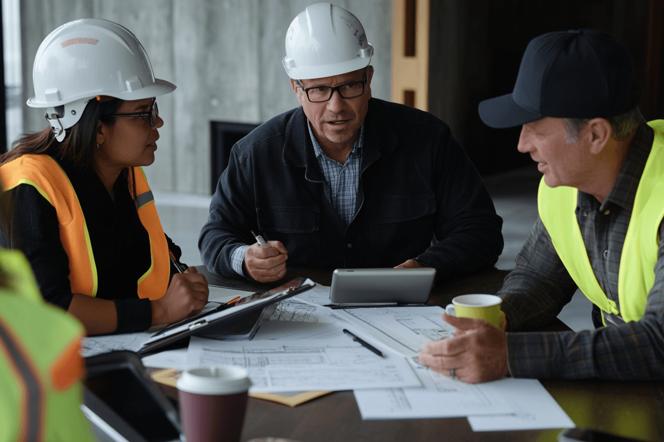 Construction professionals in a meeting with blueprints and a tablet, wearing safety helmets and reflective vests.
