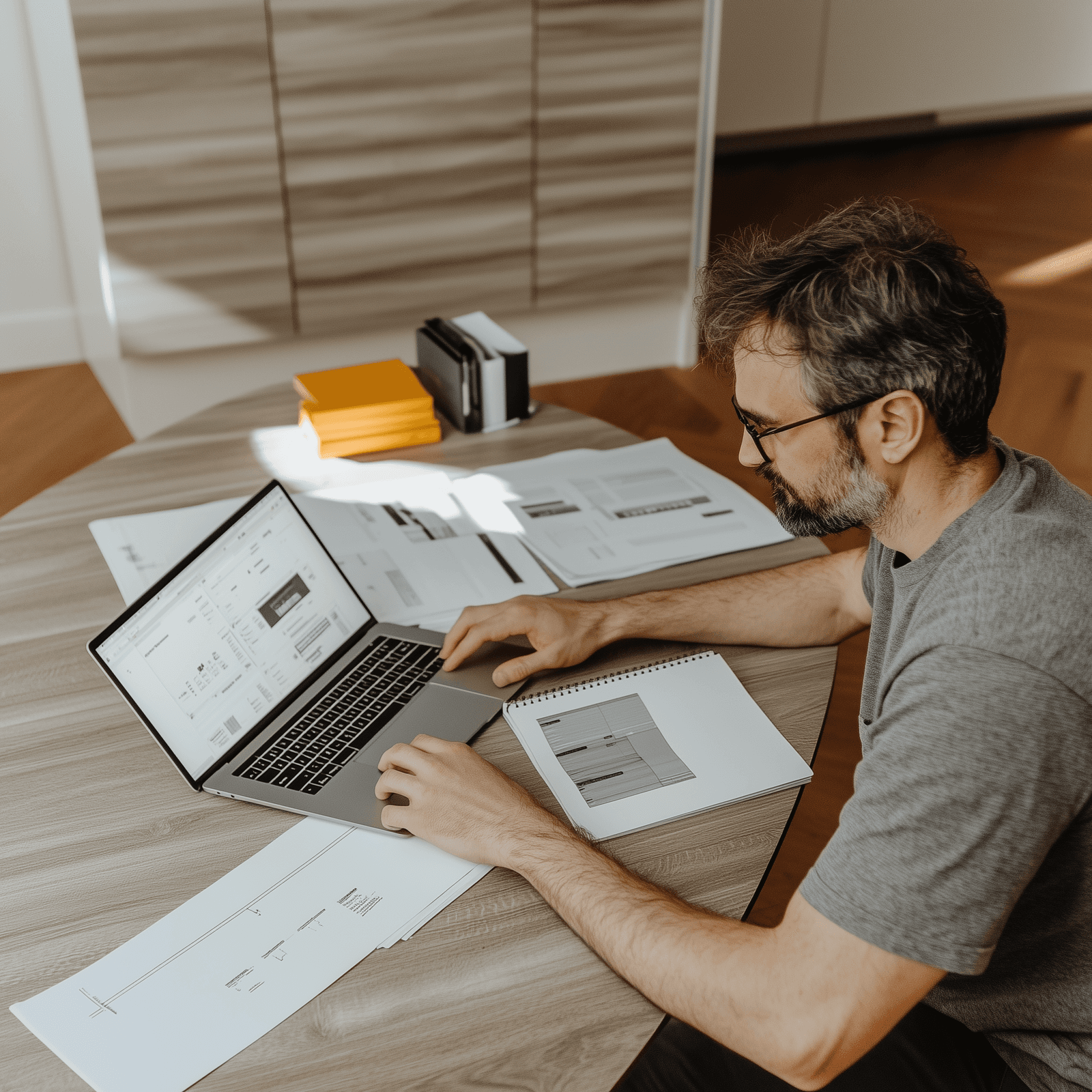 Man working on a laptop with printed documents on a table, in a bright office space.