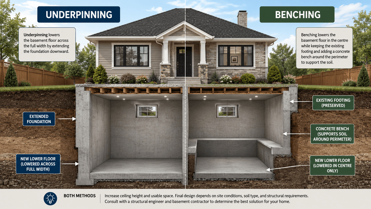 Comparison of underpinning and benching methods for lowering a residential basement floor