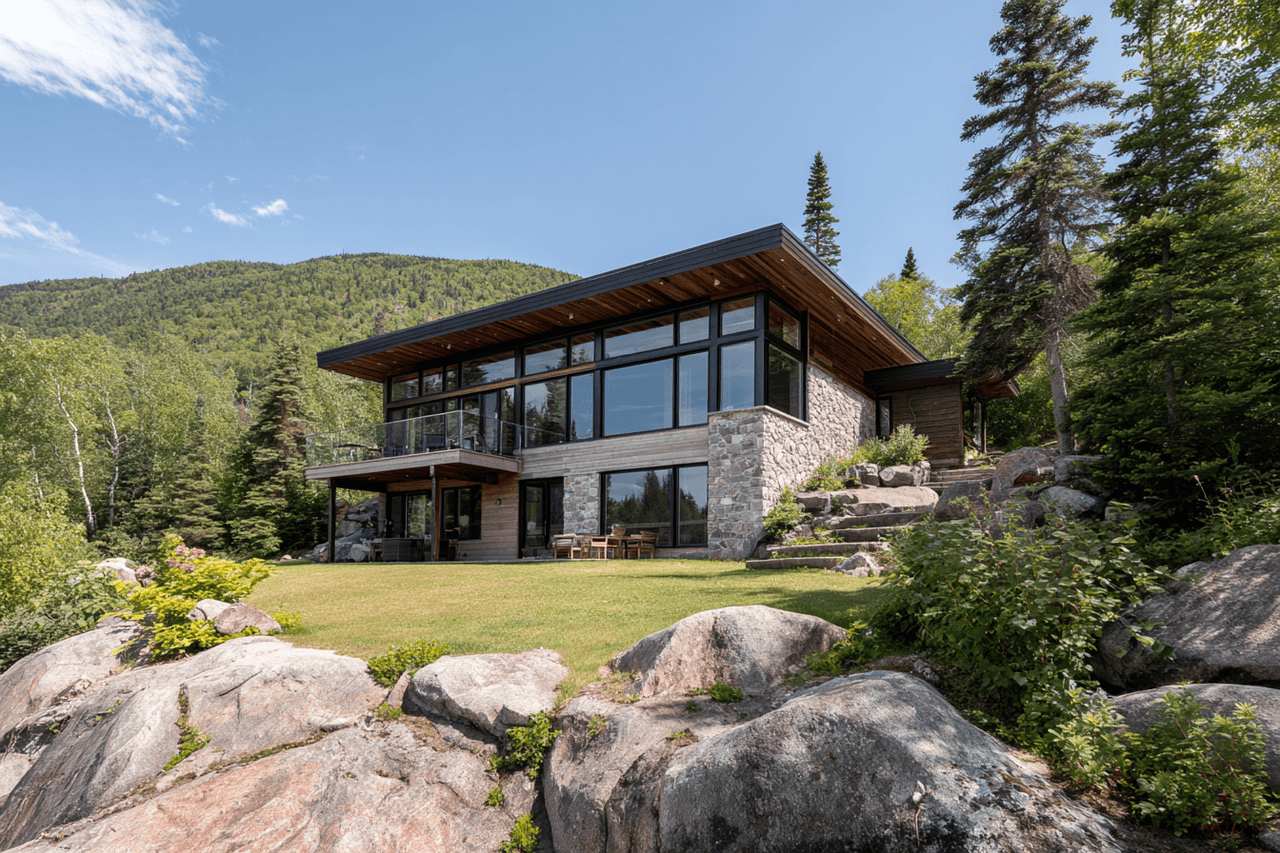 Contemporary stone and wood house with large glass windows, nestled in a mountainous and forested landscape on rocky terrain