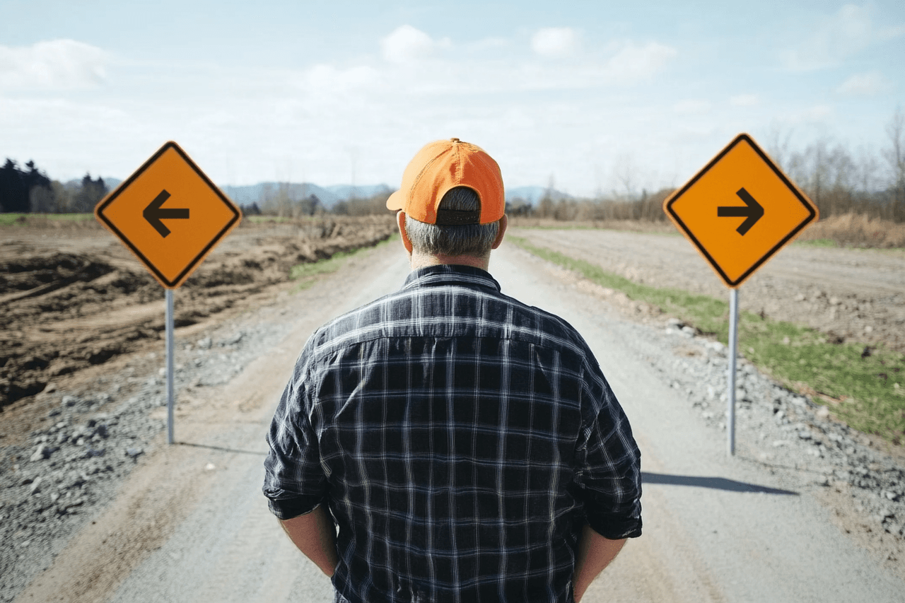 Man seen from behind wearing an orange cap at a Y-intersection with direction signs pointing left and right on a rural road.