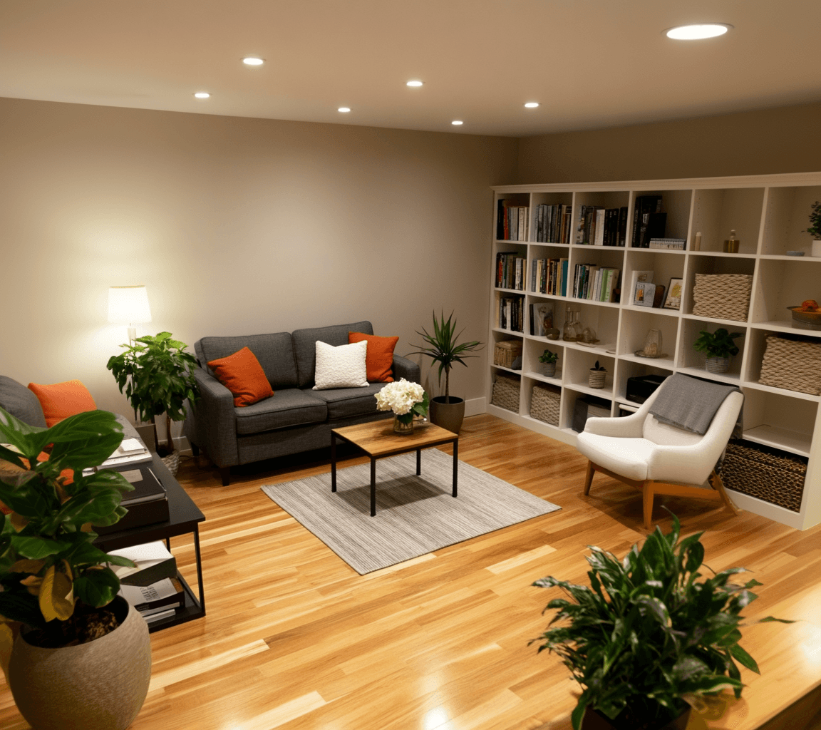 Modern and cozy living room with gray sofa, orange cushions, white bookshelf, indoor plants, and soft lighting. Wooden floor and minimalist decor.