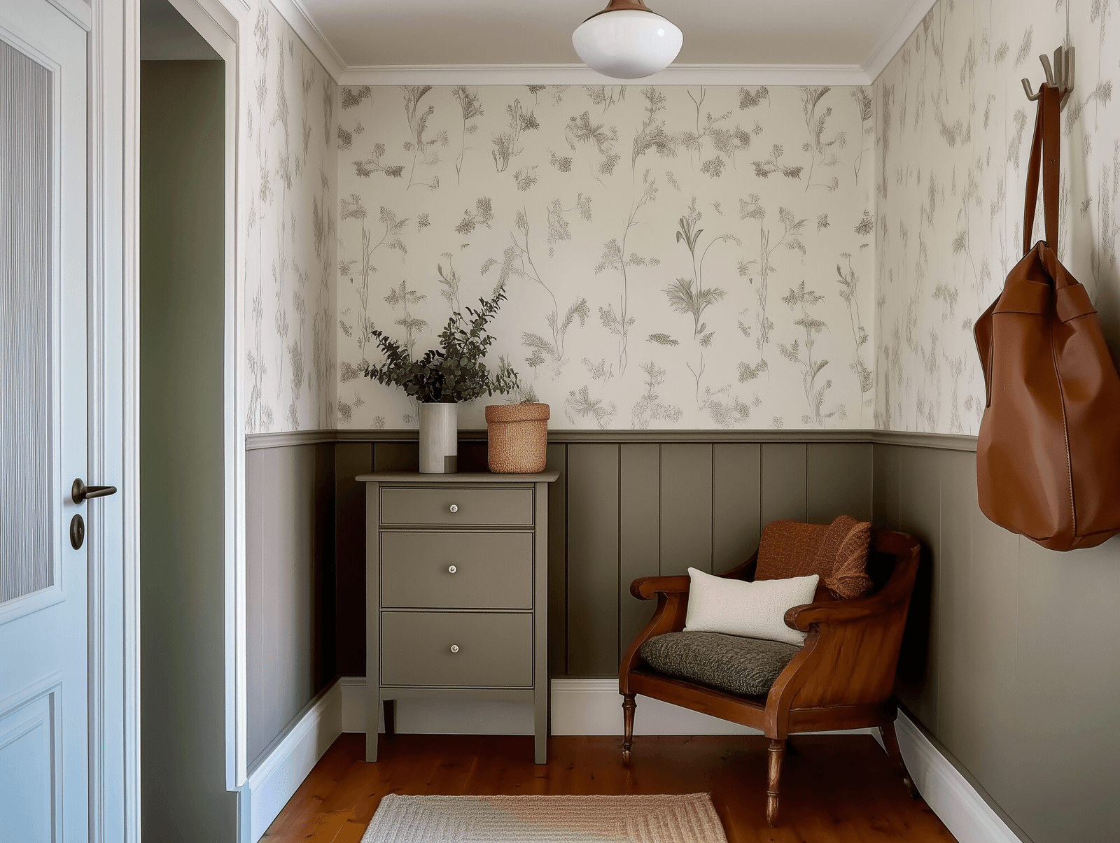 elegant entrance with olive green woodwork, botanical patterned wallpaper, wooden armchair with cushions, and storage unit.