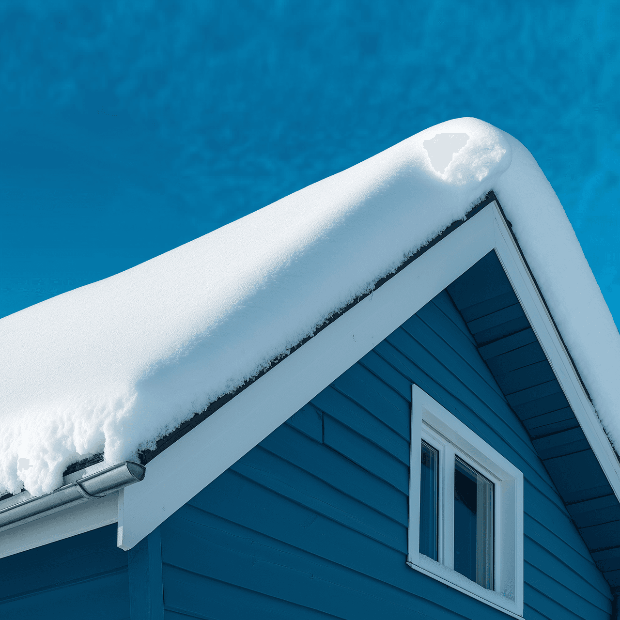  Snow-covered roof of a blue wooden house under a clear blue sky.