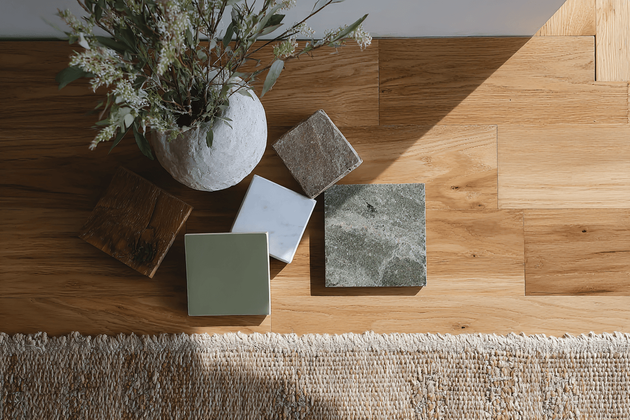 Samples of tiles and surface materials placed on a wooden floor with a decorative vase