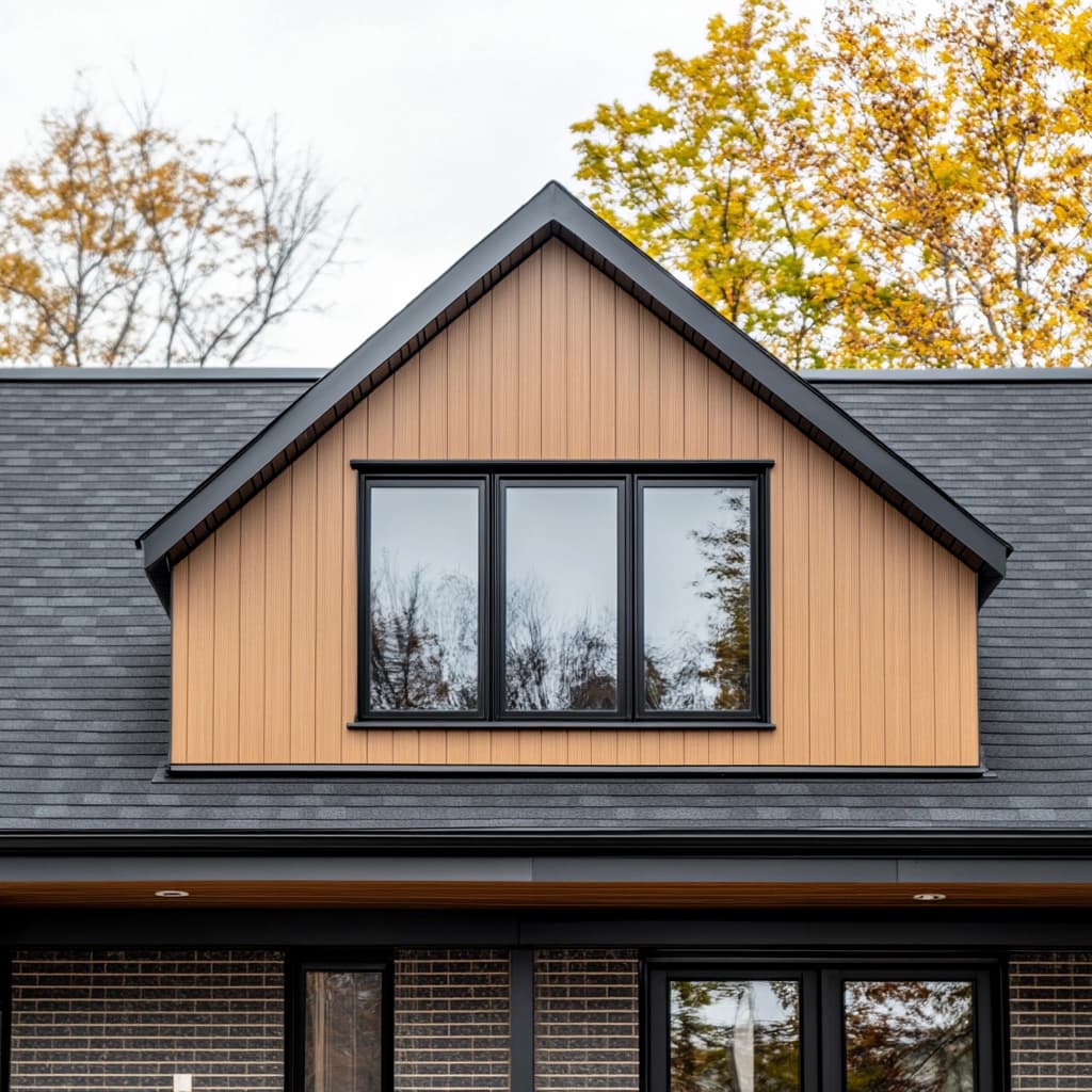 Modern house facade with vertical honey-colored wood siding, large black-framed window, and dark gray shingle roof.