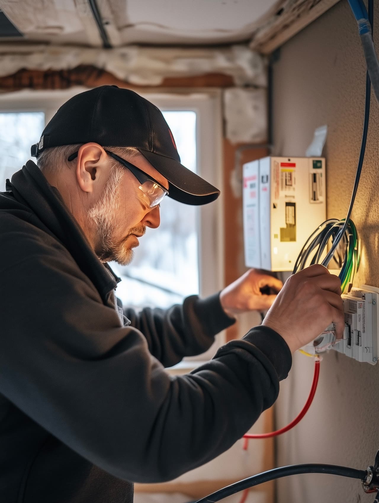 Professional electrician connecting wires in a wall-mounted electrical panel inside a building.