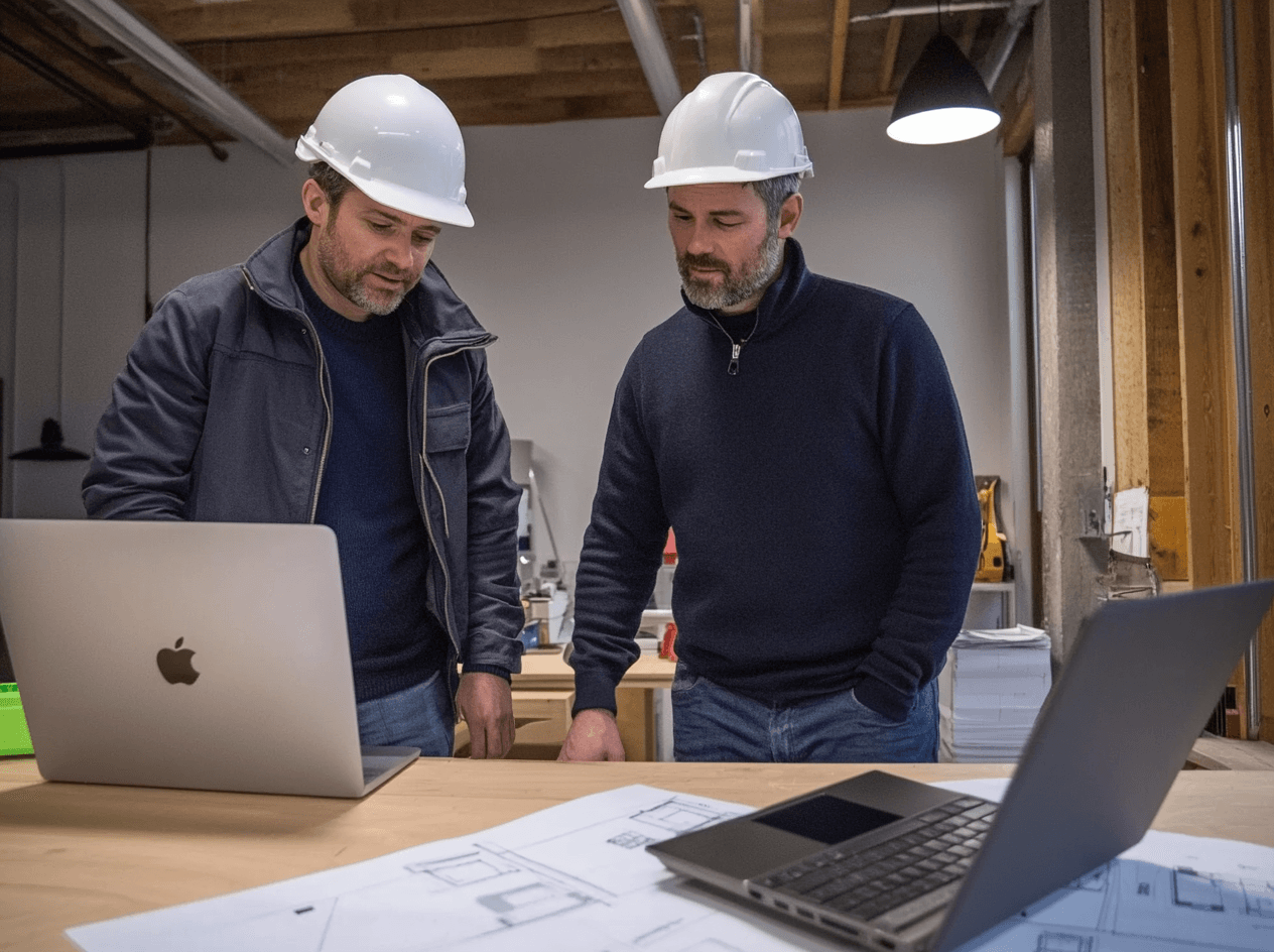 Deux ingénieurs ou architectes portant des casques blancs analysent des plans et discutent autour d’un bureau avec des ordinateurs portables dans un environnement de construction.