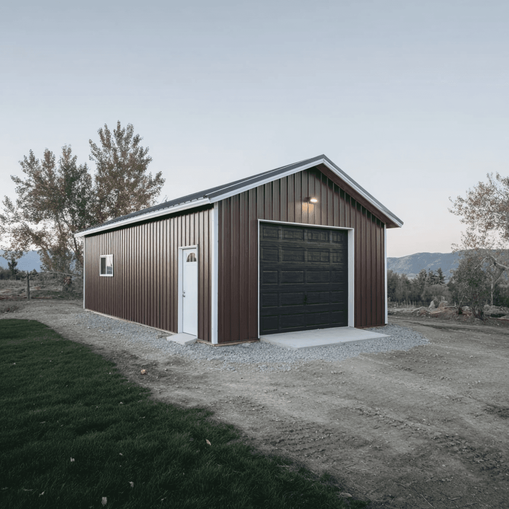 Modern garage with brown ribbed steel siding and black door in a rural setting