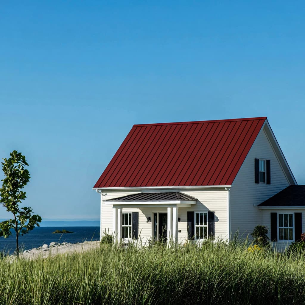 White waterfront residential house with a red metal roof, covered porch and natural vegetation in the foreground.