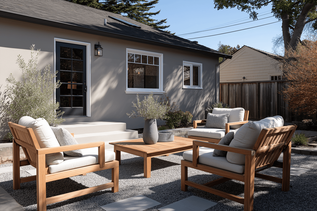 Wooden garden furniture on modern gravel patio with plants and beige house in background