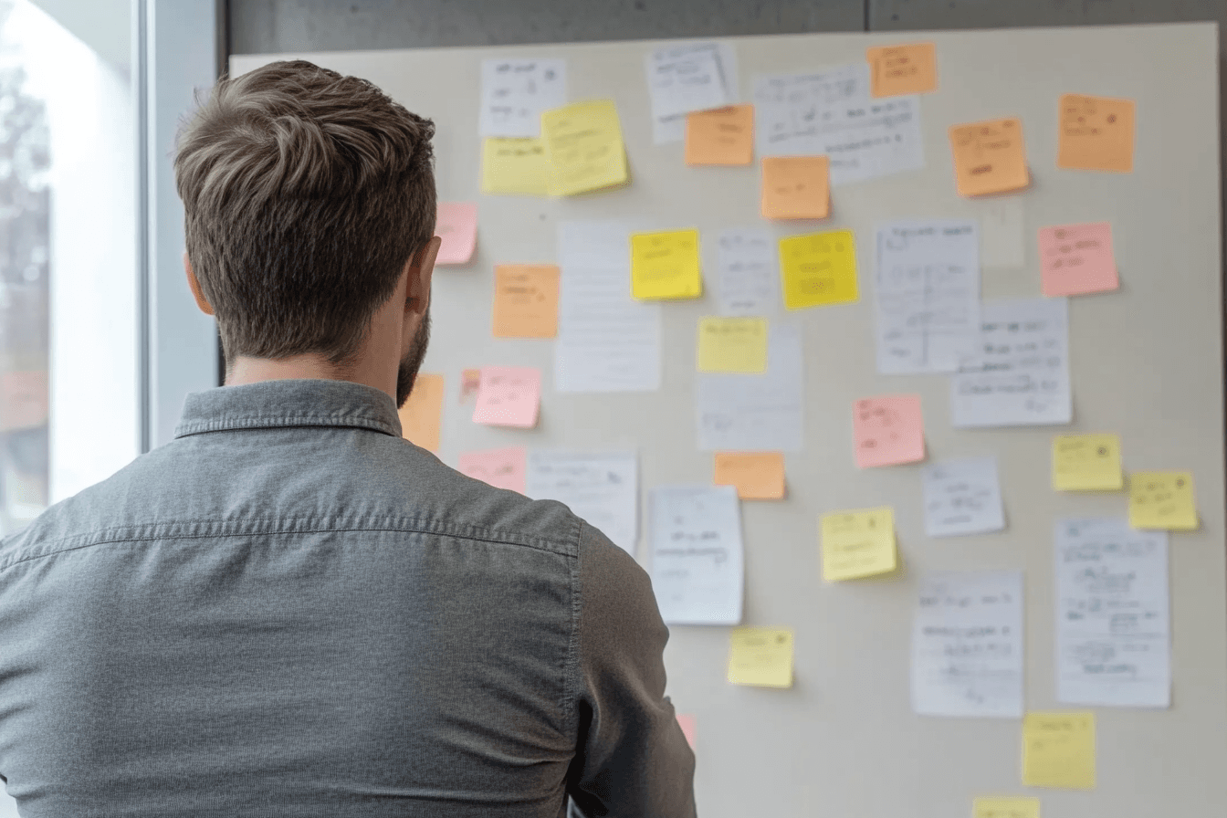 Man seen from behind looking at a board filled with colorful sticky notes and work documents in an office setting.
