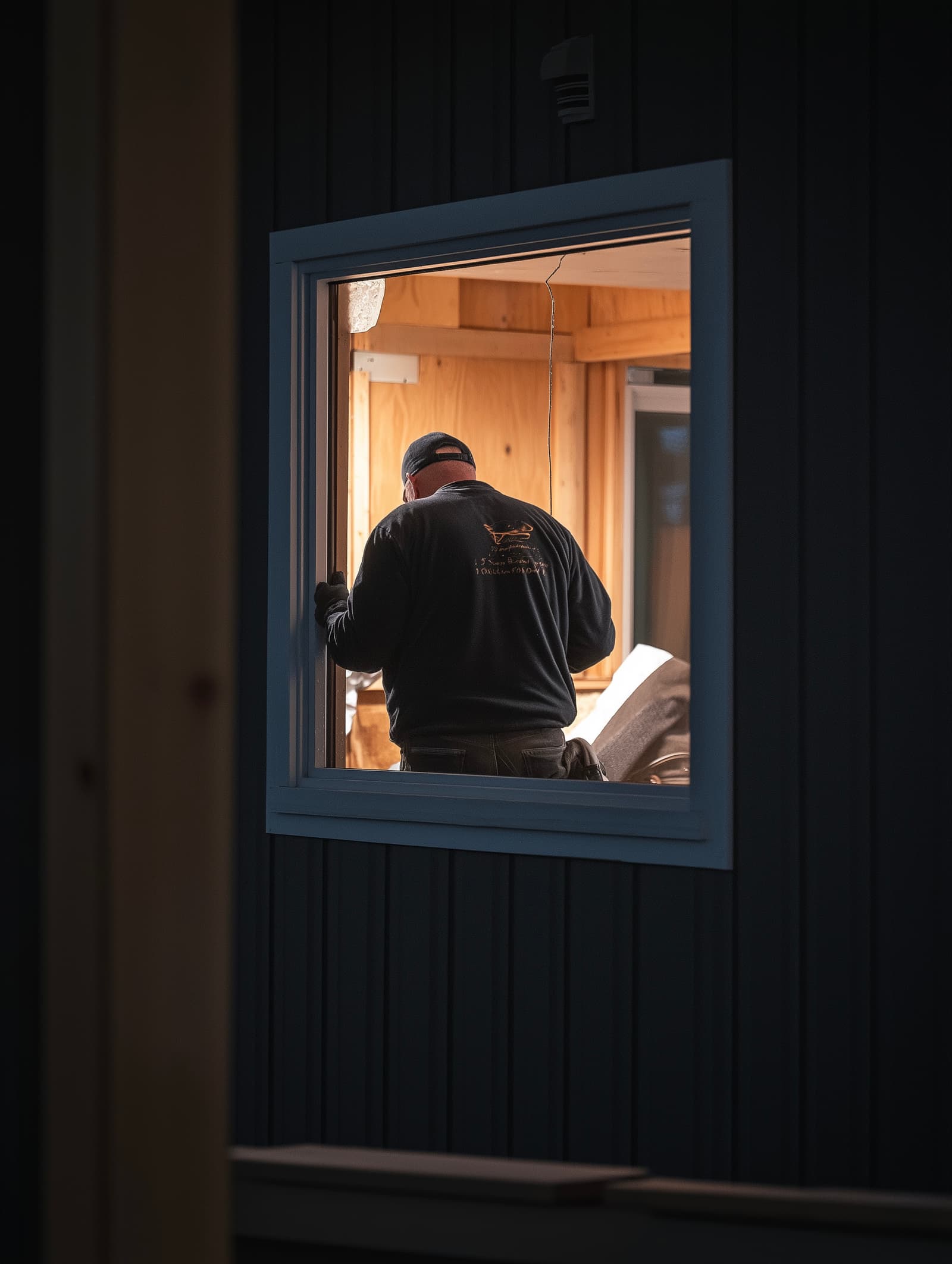 Worker seen through a window being installed on a wooden construction site.