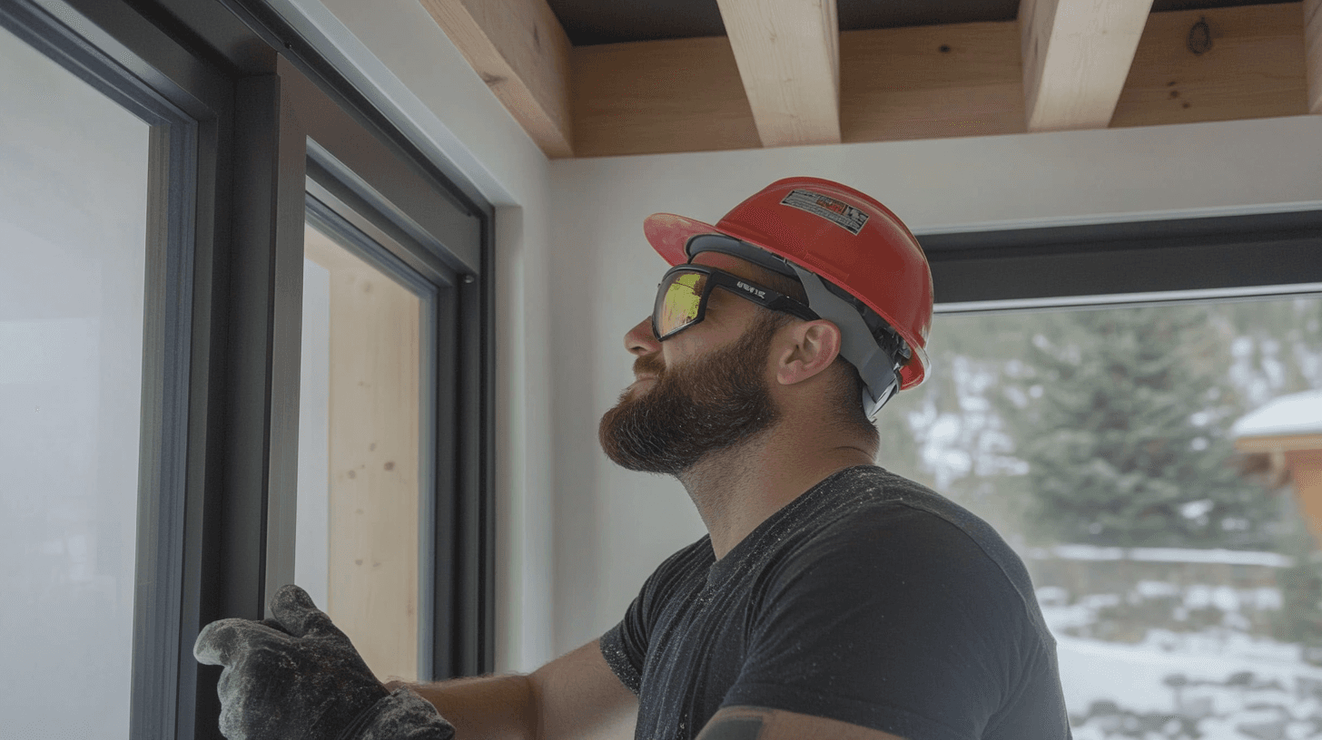 Worker wearing a red helmet and protective glasses installing a window in a house under construction.