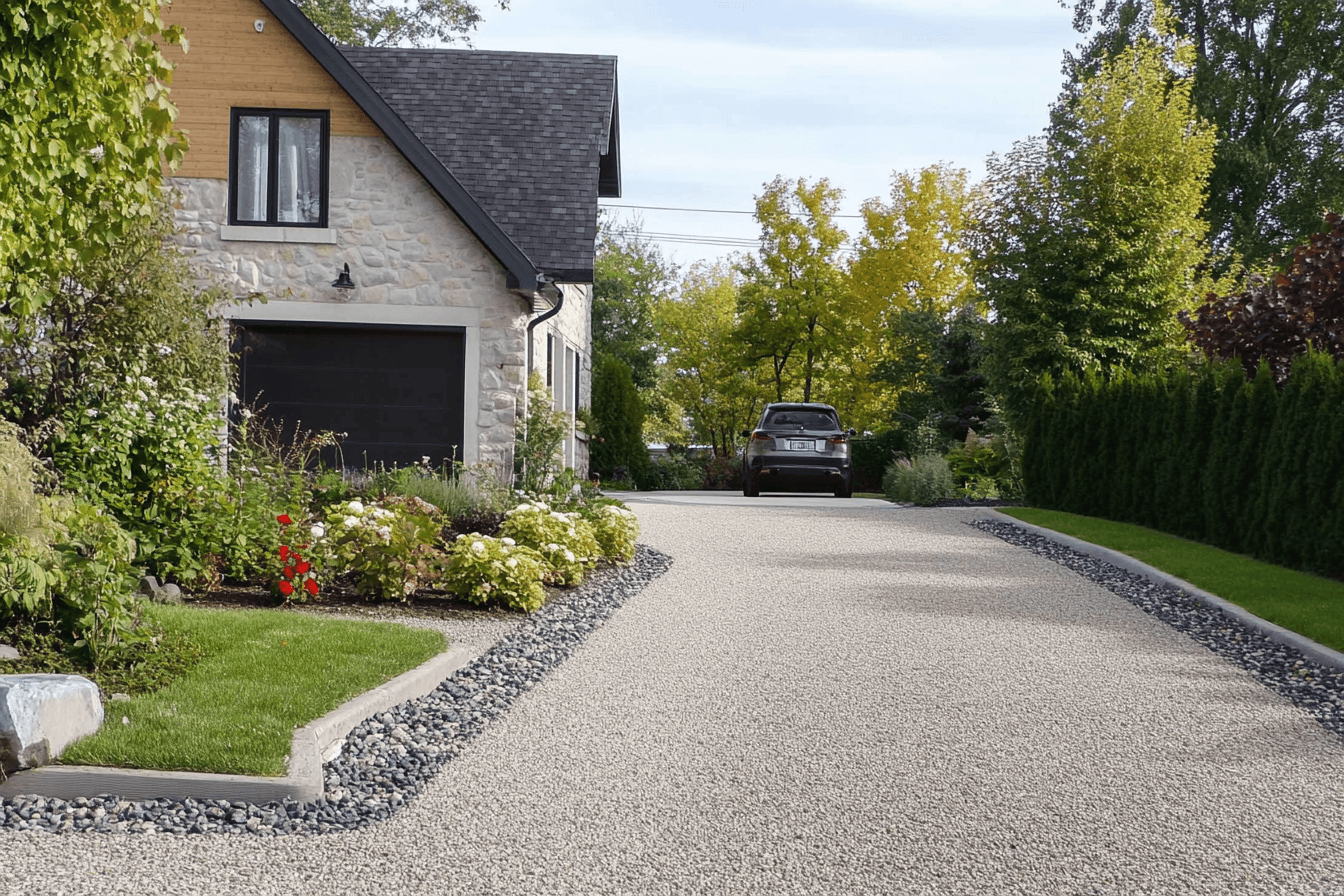 Stone house with a beige gravel driveway, black pebble borders, and landscaped yard with flowers and hedges