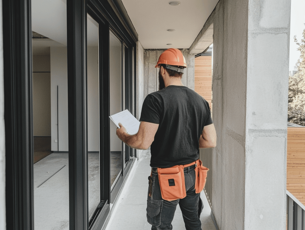 Building inspector with a helmet and tool belt examining a modern construction site with glass doors.