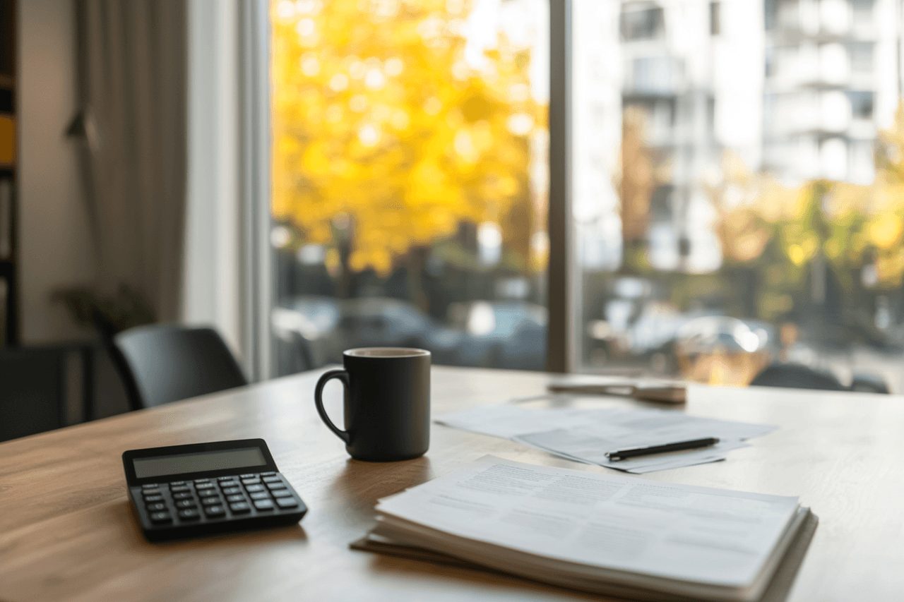 Modern workspace with coffee mug, documents, and calculator on wooden table by large window overlooking autumn trees