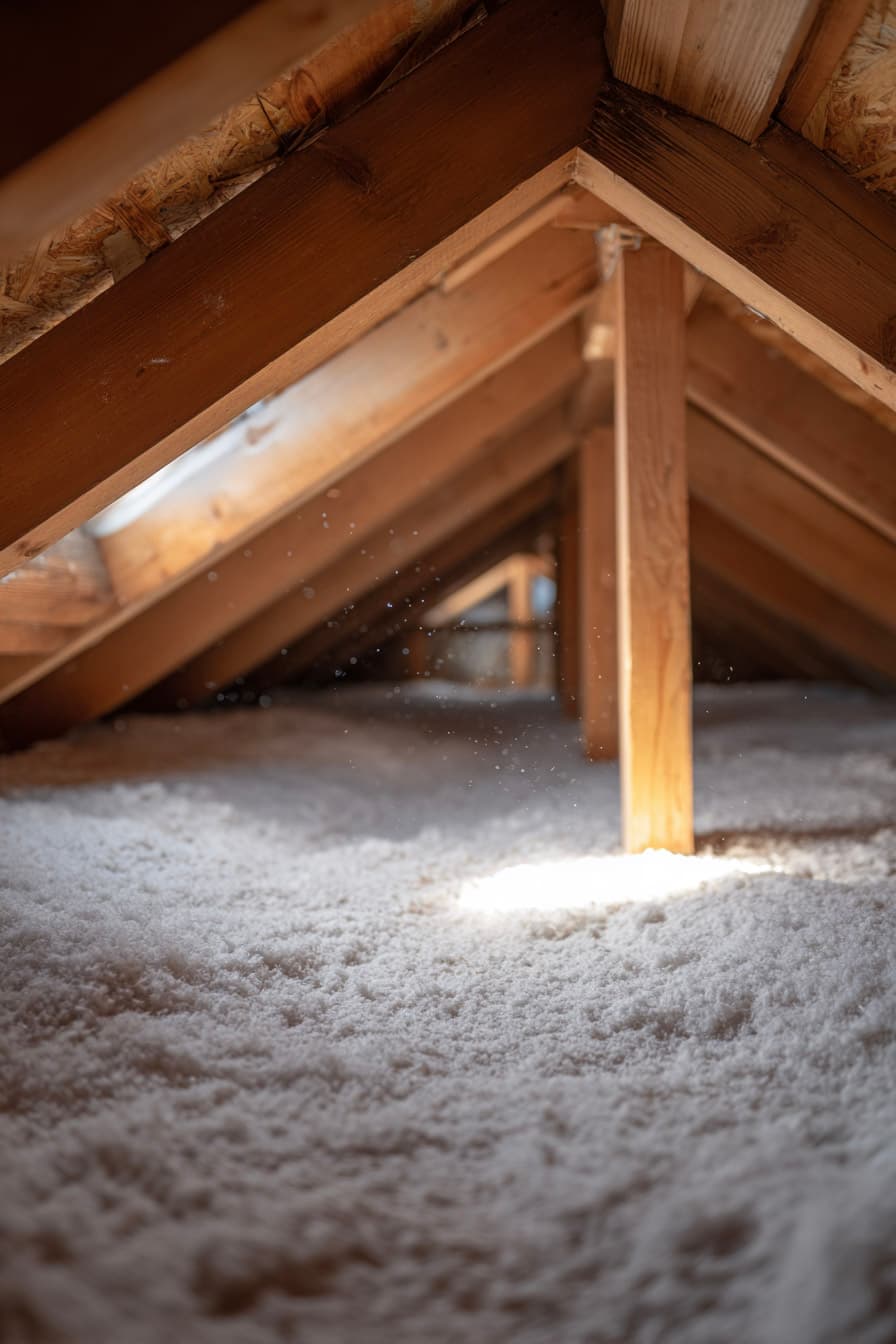Close-up view of an insulated attic with blown-in insulation between wooden rafters